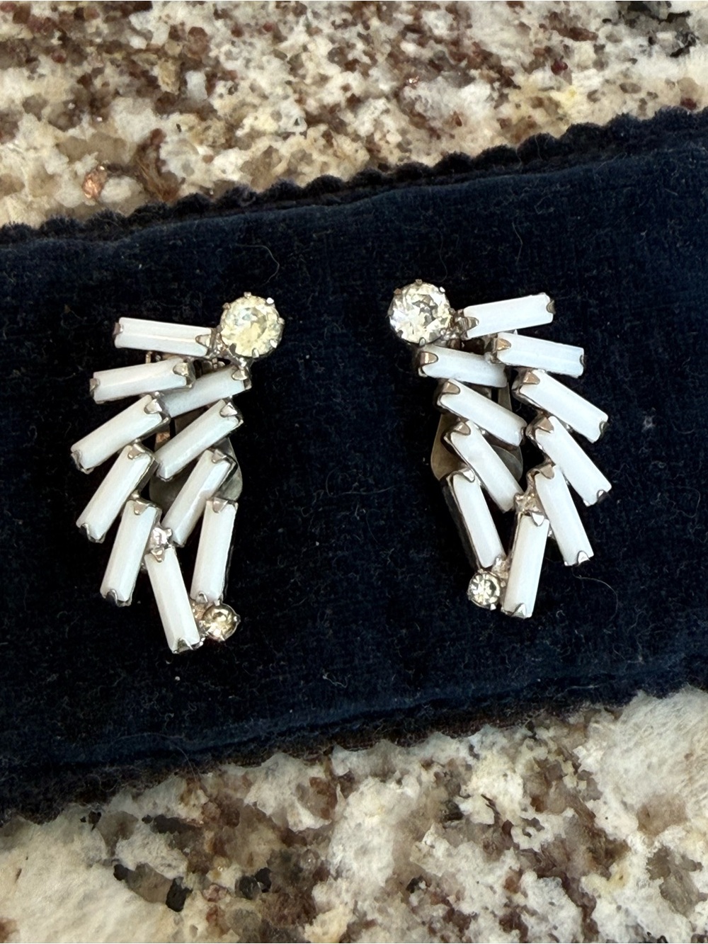 Vintage Weiss Milk Glass and Crystal Baguette Drop Earrings - Women Jewelry
